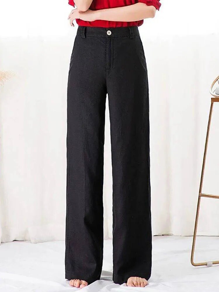 Linnen Broek Dames – Wijde Zomerbroek met Hoge Taille en Zakken-Boutique Moda