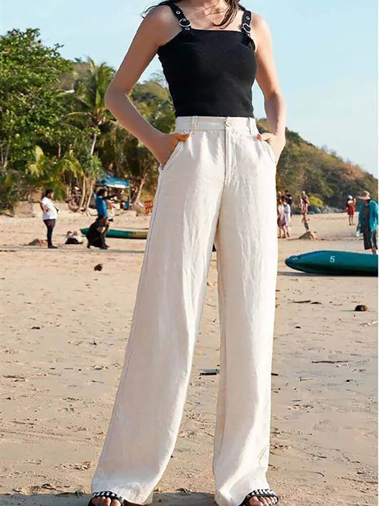 Linnen Broek Dames – Wijde Zomerbroek met Hoge Taille en Zakken-Boutique Moda