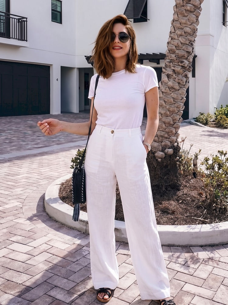Linnen Broek Dames – Wijde Zomerbroek met Hoge Taille en Zakken-Boutique Moda