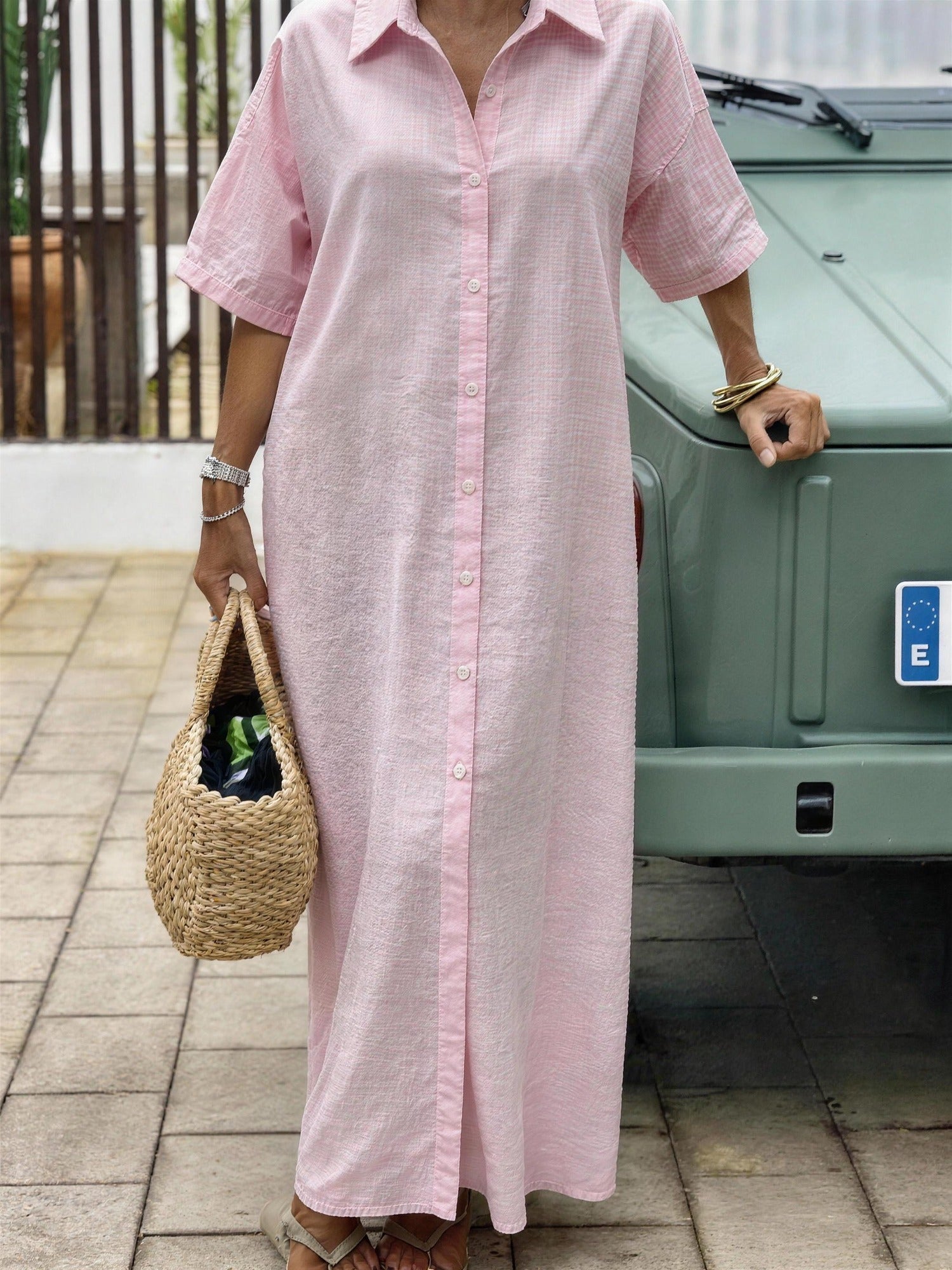 Linnen Jurk - Knoopsluiting - Lange Mouwen - Overhemdjurk - Maxi Jurk-Boutique Moda
