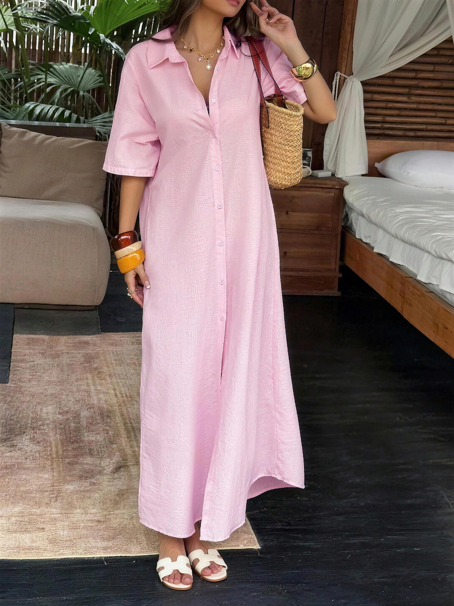 Linnen Jurk - Knoopsluiting - Lange Mouwen - Overhemdjurk - Maxi Jurk-Boutique Moda