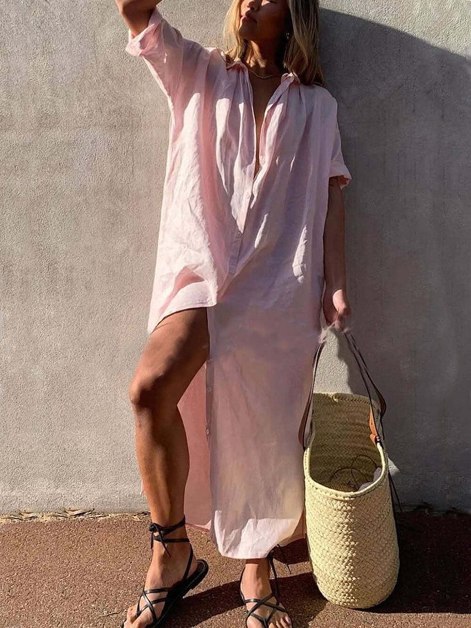 Linnen Jurk - Knoopsluiting - Lange Mouwen - Overhemdjurk - Maxi Jurk-Boutique Moda