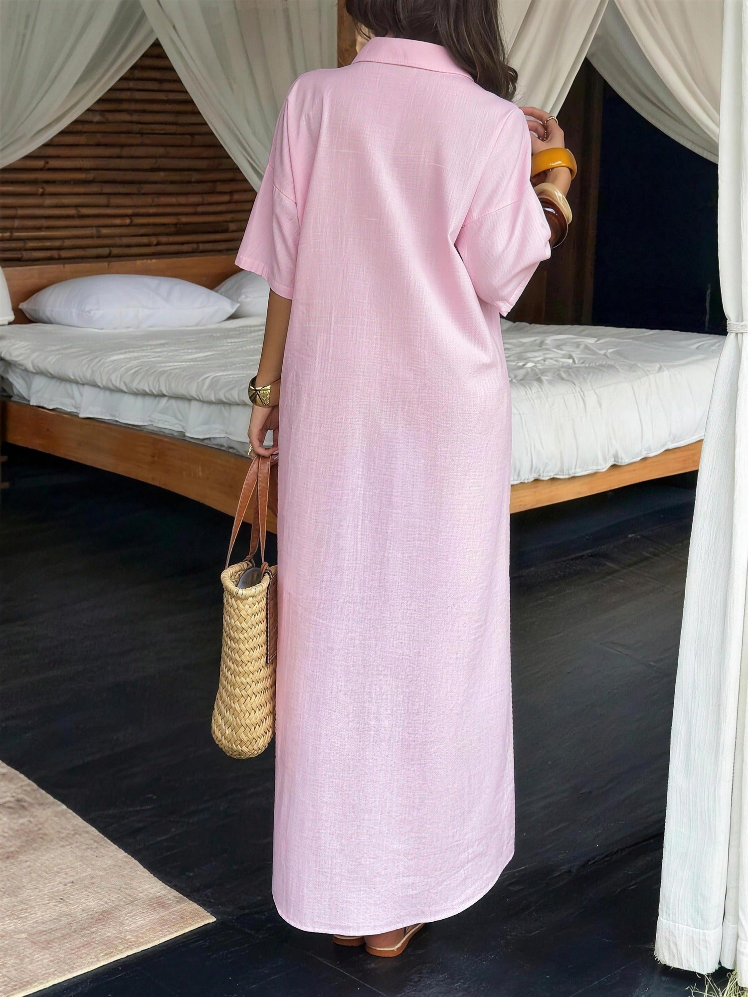 Linnen Overhemdjurk Dames – Maxi Jurk met Knoopsluiting & Lange Mouwen-Boutique Moda
