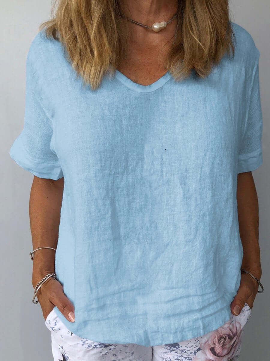 Linnen Top - Losjes Fit - Korte Mouw - Linnen Blouse - Dames T-shirt-Boutique Moda