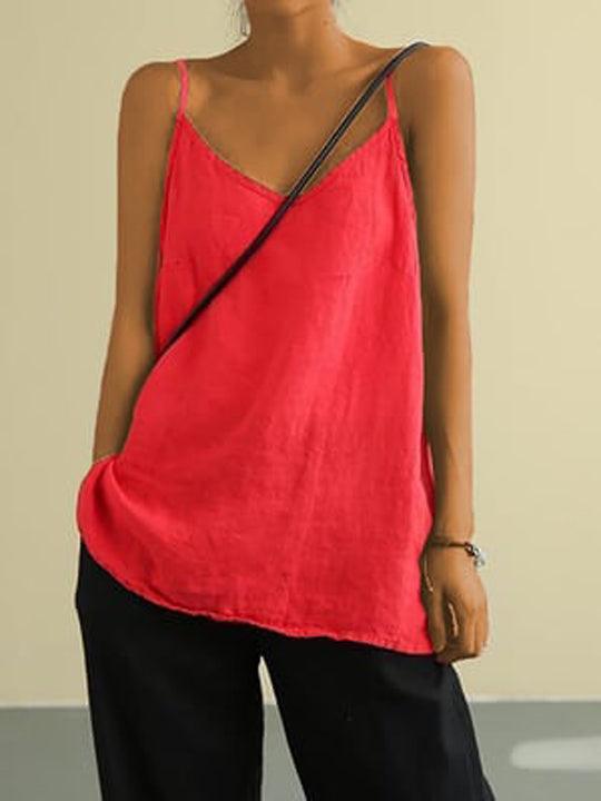 Linnen hemdje dames | Mouwloze zomertop met spaghettibandjes | V-hals-Boutique Moda