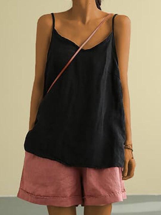 Linnen hemdje dames | Mouwloze zomertop met spaghettibandjes | V-hals-Boutique Moda