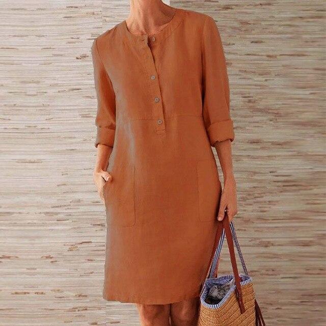 Linnen jurk | Lange mouwen | Knoopsluiting | Knie-lengte | Zomerjurk-Boutique Moda