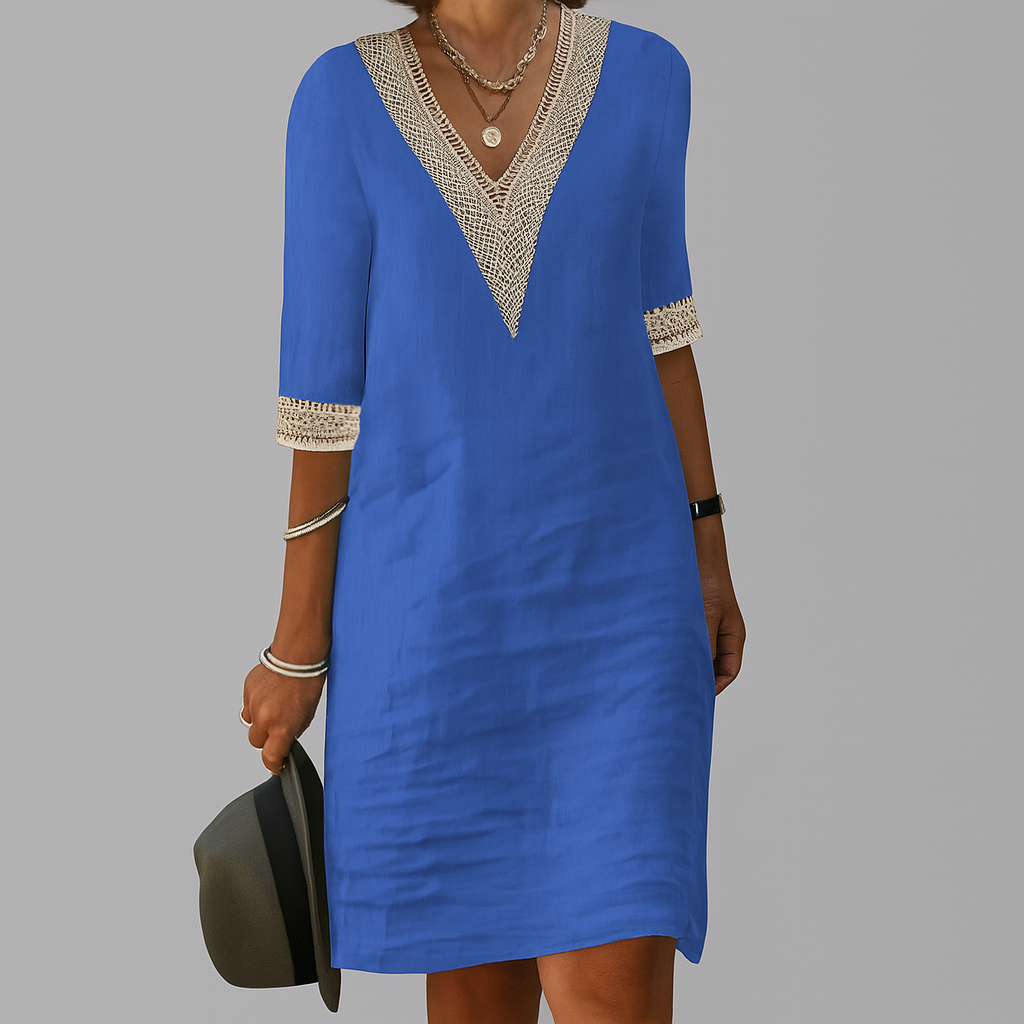 Linnen jurk - Losse pasvorm - V-hals - Knie-lengte jurk - Zomerjurk-Boutique Moda