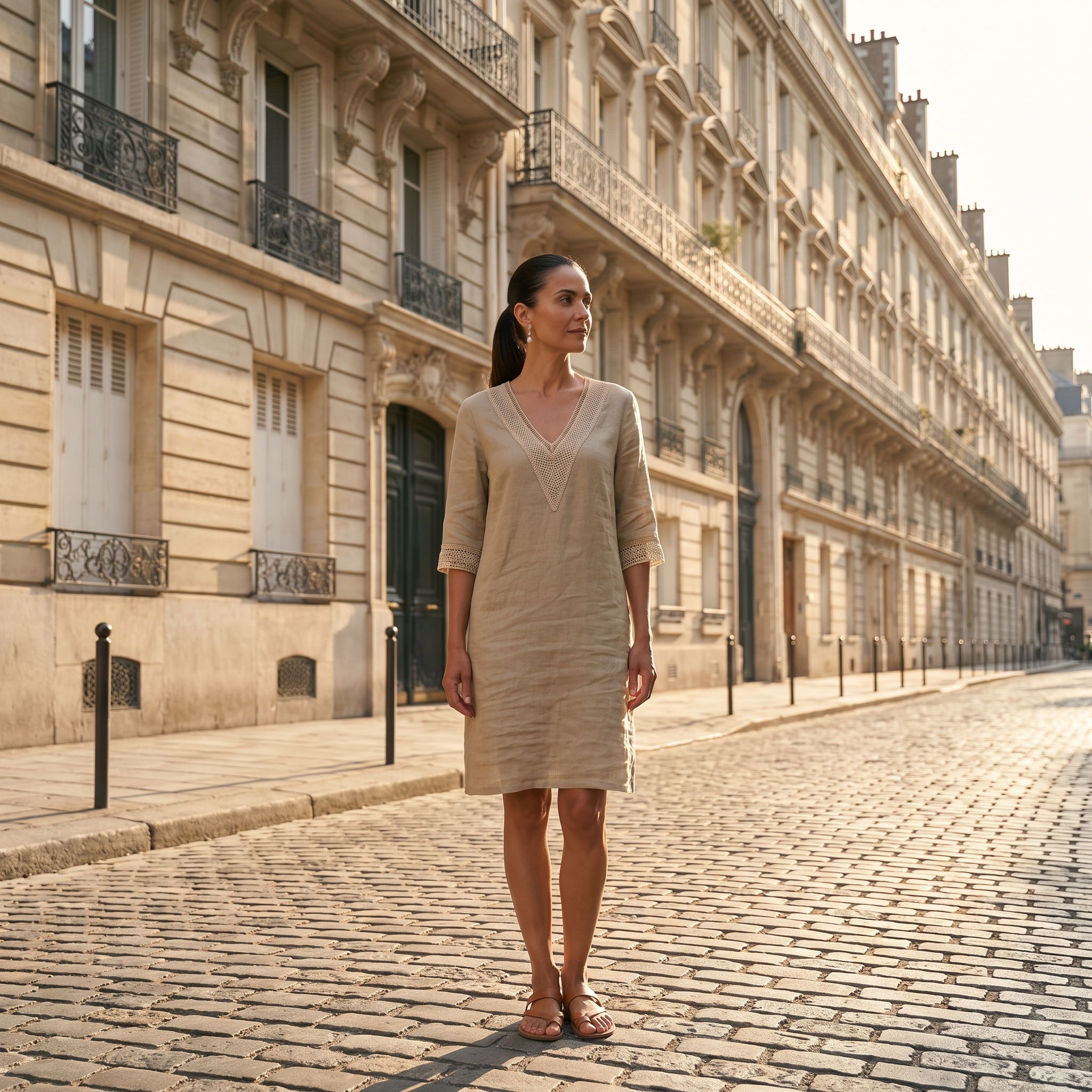 Linnen jurk - knielange zomerjurk met V-hals-Boutique Moda