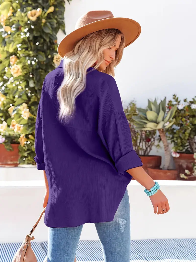 Linnen overhemd - Lange Mouw - Knoop Omlaag - Blouse - Losse pasvorm-Boutique Moda