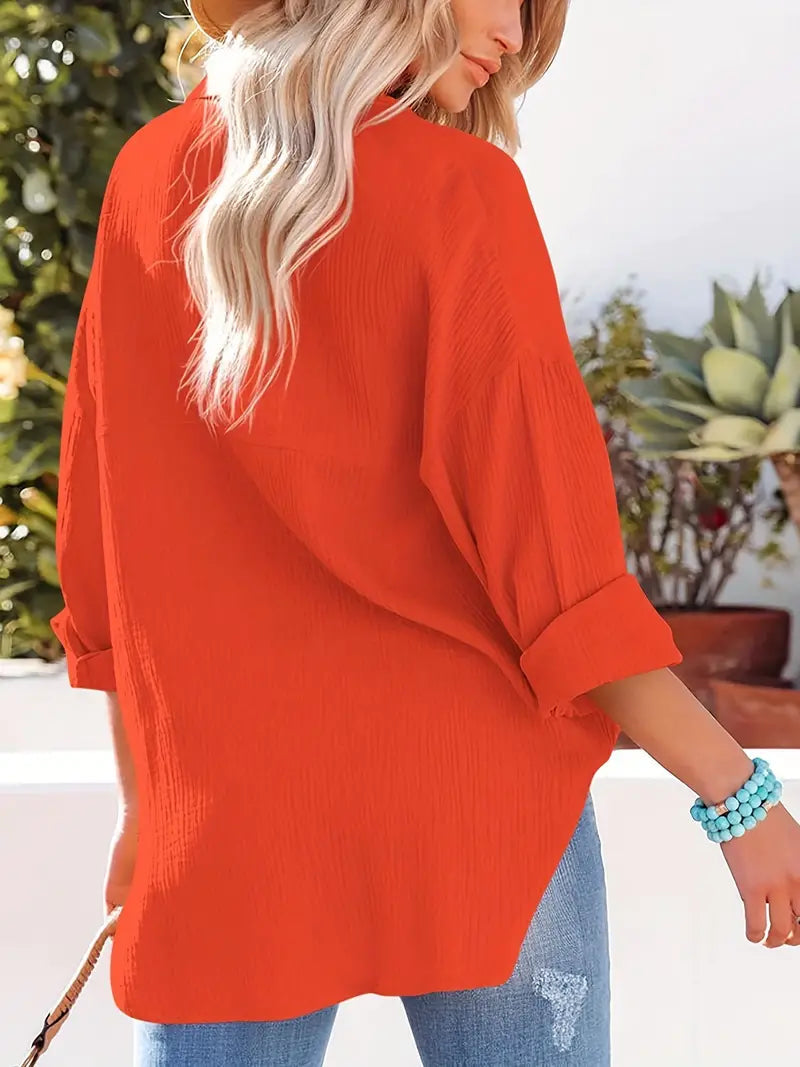Linnen overhemd - Lange Mouw - Knoop Omlaag - Blouse - Losse pasvorm-Boutique Moda