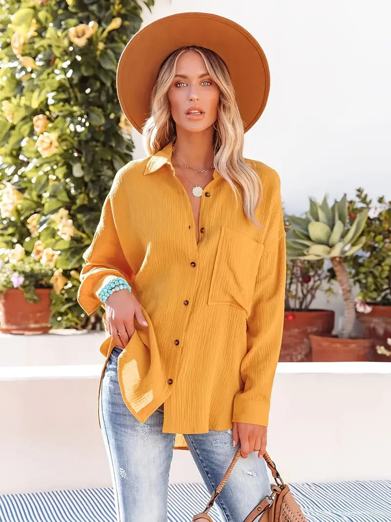 Linnen overhemd - Lange Mouw - Knoop Omlaag - Blouse - Losse pasvorm-Boutique Moda