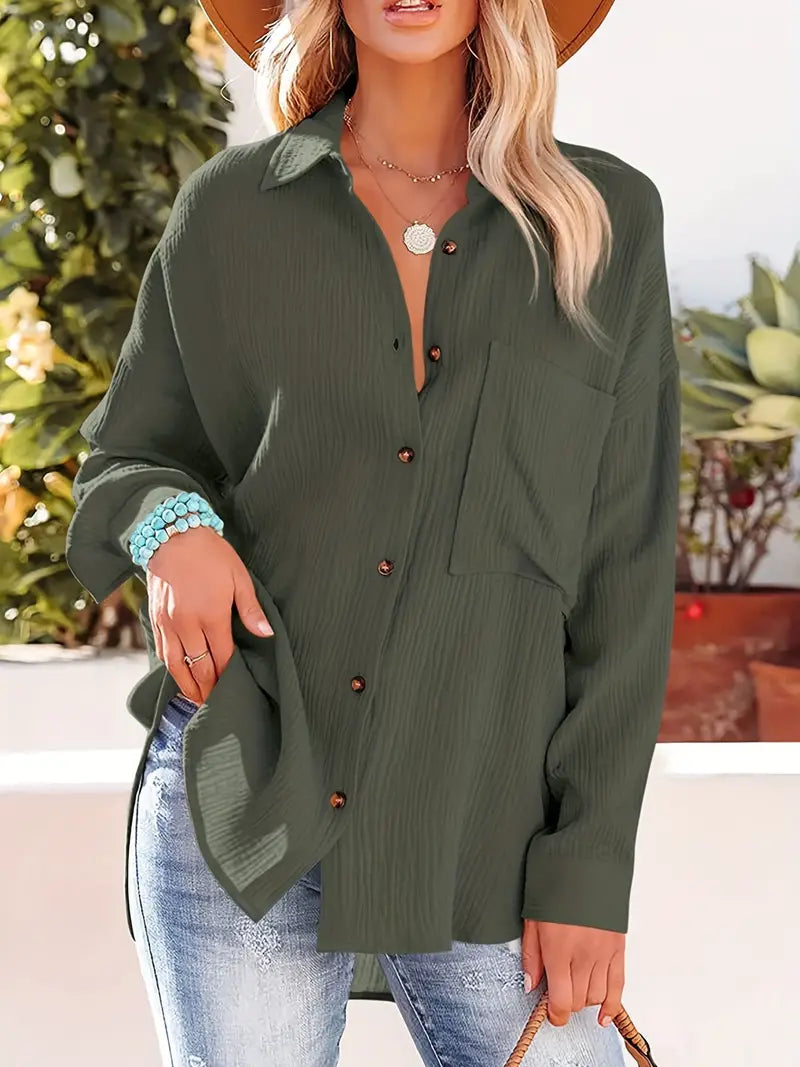 Linnen overhemd - Lange Mouw - Knoop Omlaag - Blouse - Losse pasvorm-Boutique Moda