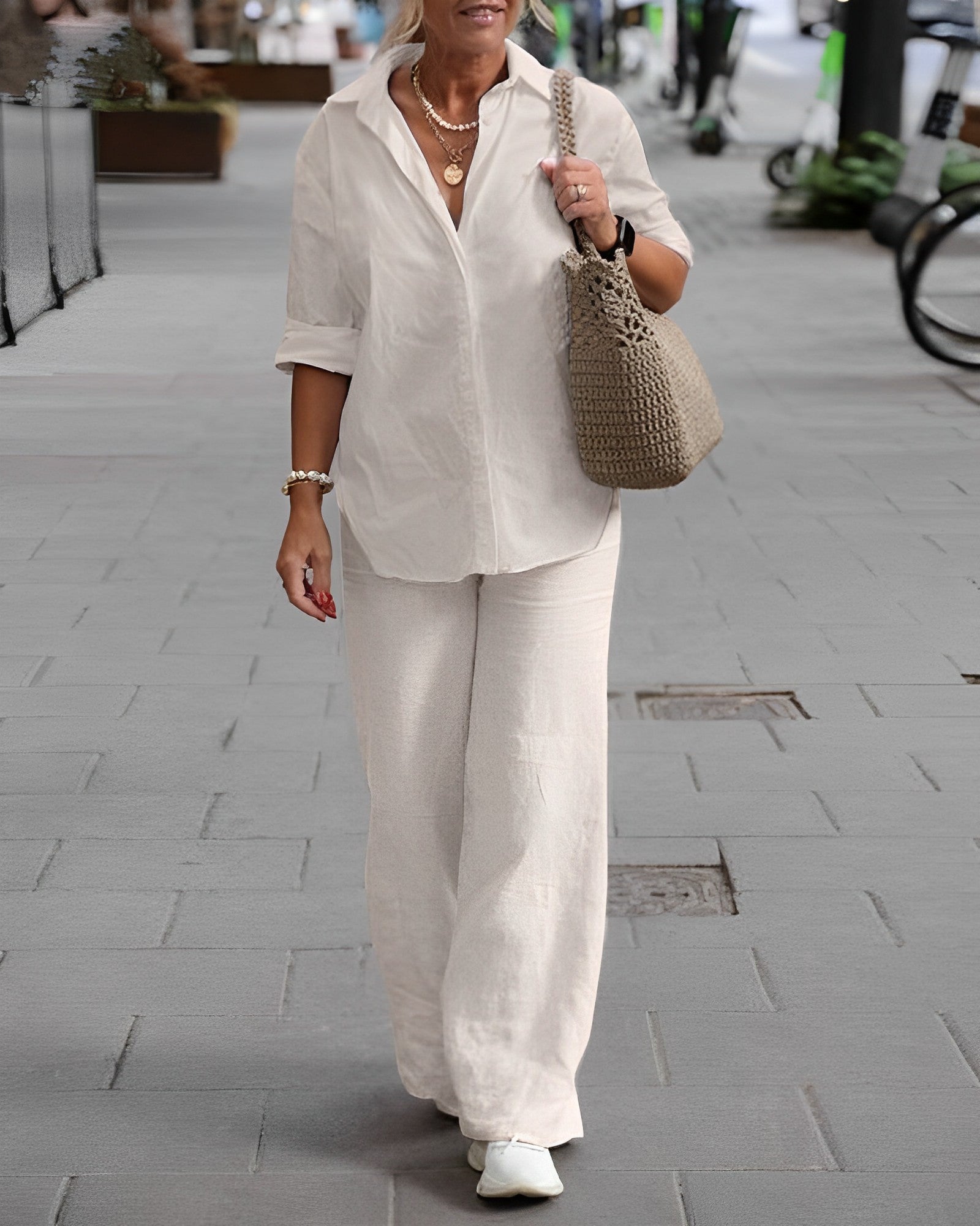 Linnen set | Lange mouwen | Wijde pijpen | Tweedelige set | Dameskleding-Boutique Moda