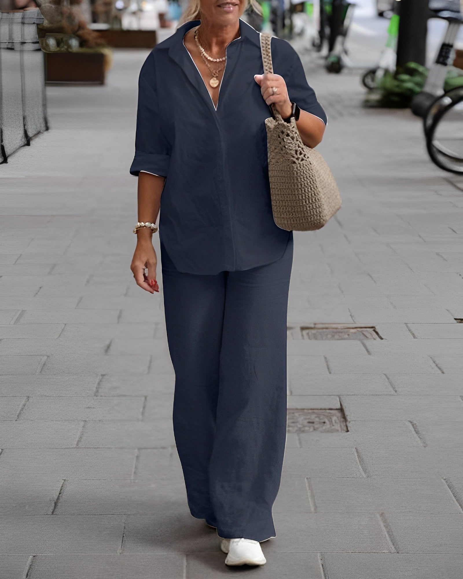 Linnen set | Lange mouwen | Wijde pijpen | Tweedelige set | Dameskleding-Boutique Moda