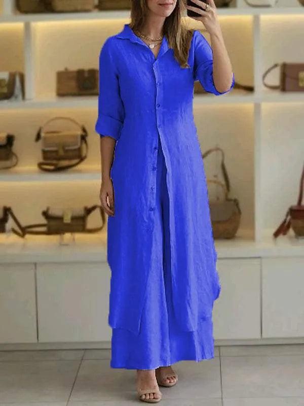 Linnen tweedelige set - Lange damesblouse en wijde broek-Boutique Moda