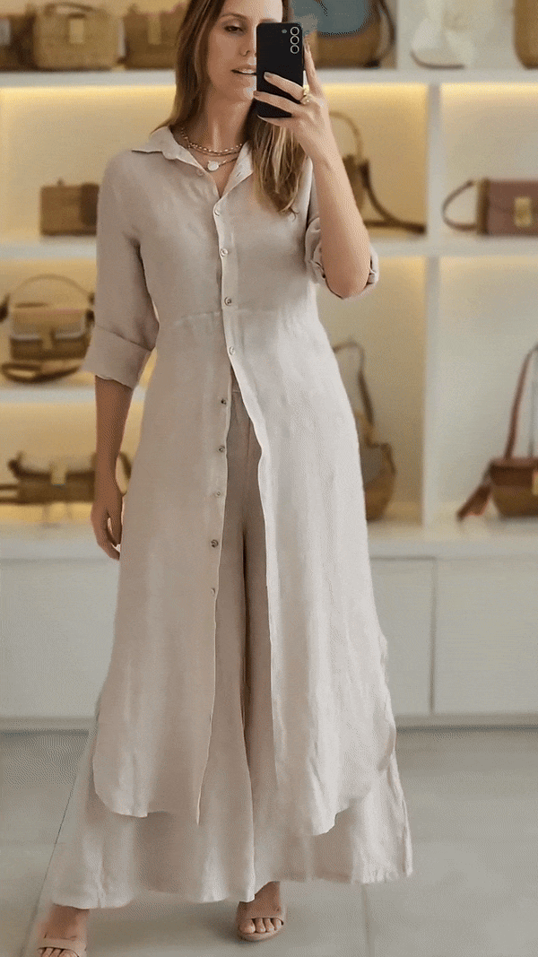 Linnen tweedelige set - Lange damesblouse en wijde broek-Boutique Moda