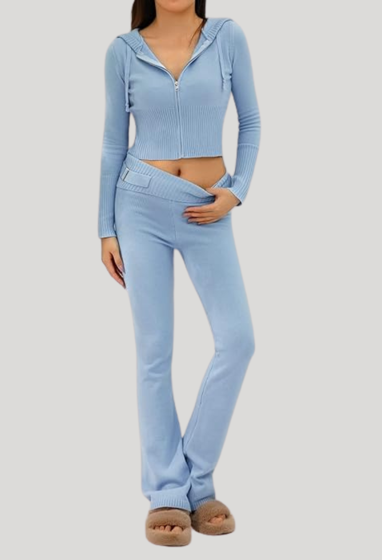 Lounge Set | Zip-Up | Capuchon | Gebreide Tweedelige Set | Dames Loungewear-Boutique Moda