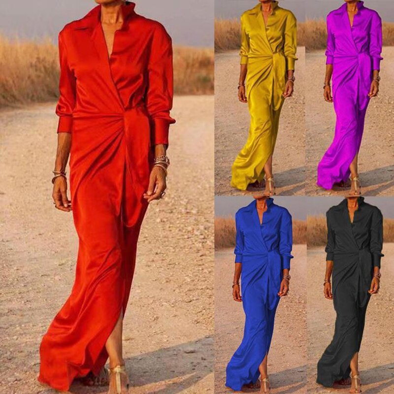 Maxi Jurk - das Taille - Omgeslagen kraag - Jurk met lange Mouwen - Lange Jurk-Boutique Moda