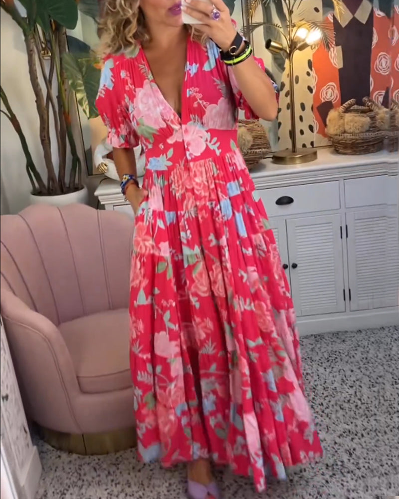 Maxi Zondagjurk - Korte Mouw - V-Hals - Bloemenjurk - Maxi Jurk-Boutique Moda