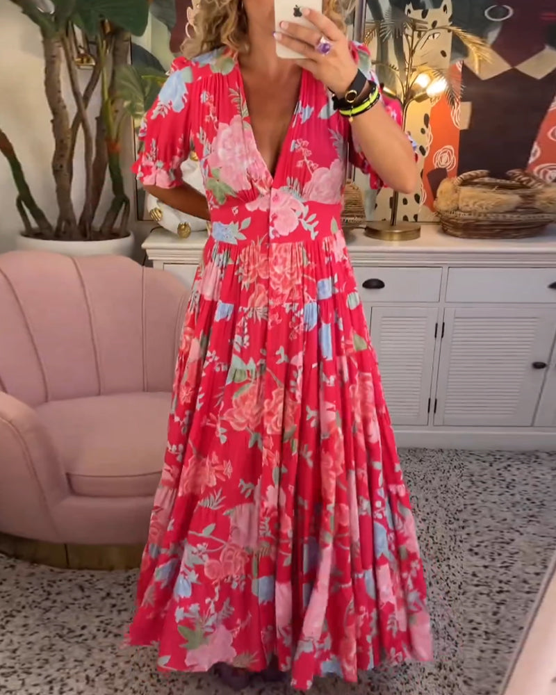 Maxi Zondagjurk - Korte Mouw - V-Hals - Bloemenjurk - Maxi Jurk-Boutique Moda