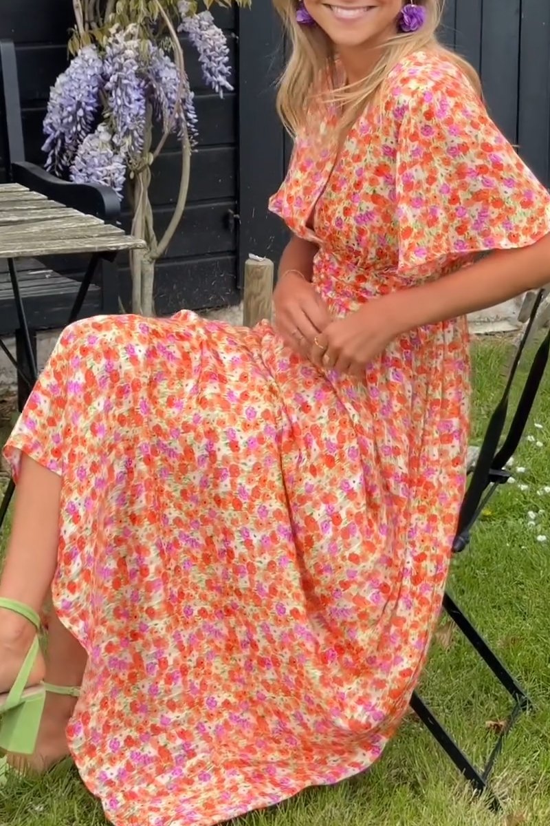 Maxi Zondagjurk - V-Hals - Vlindermouw - Bloemige Maxi Zondagjurk - Zomerjurk-Boutique Moda
