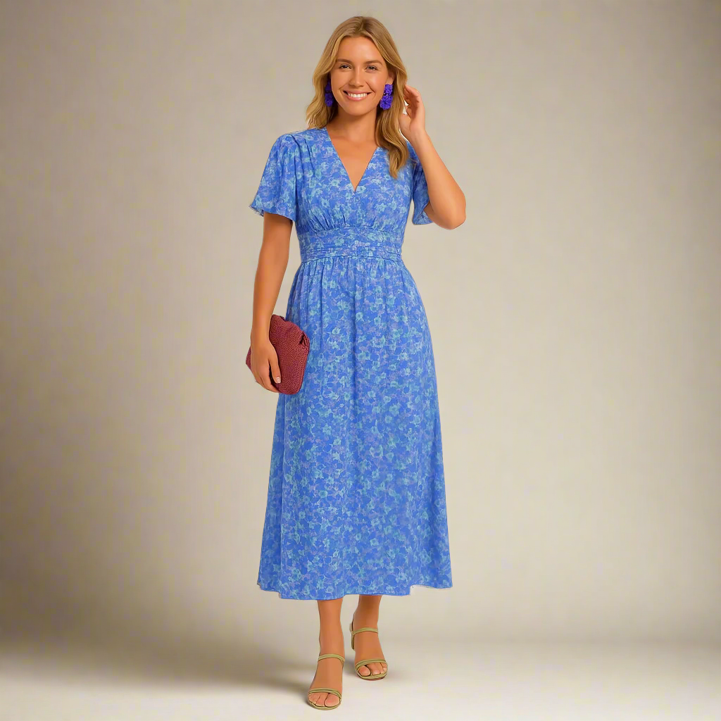 Maxi Zondagjurk - V-Hals - Vlindermouw - Bloemige Maxi Zondagjurk - Zomerjurk-Boutique Moda