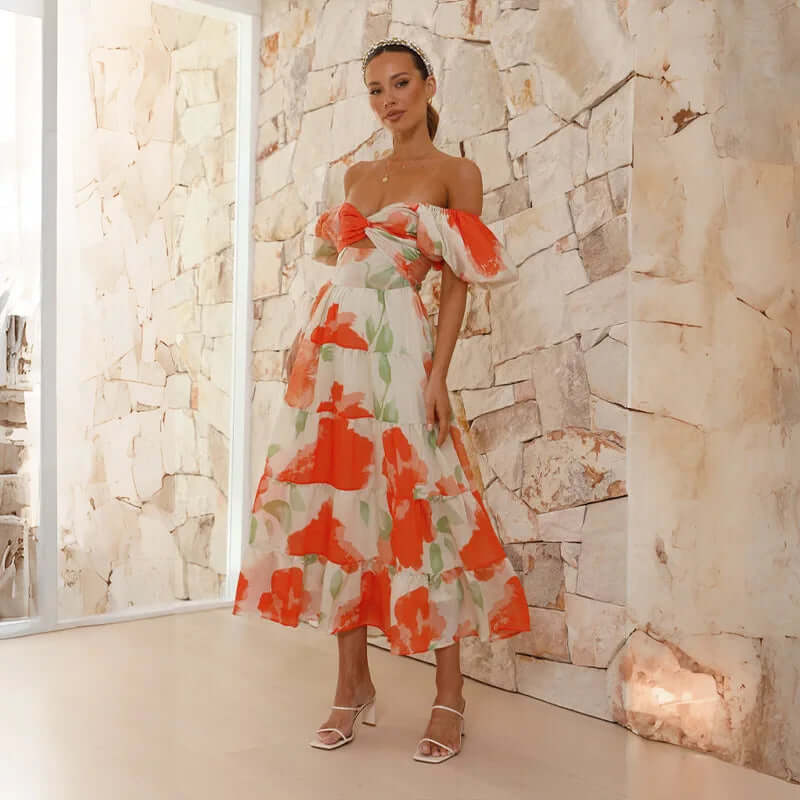 Maxi-jurk | Bloemenprint | Pofmouwen | Off-shoulder jurk | Maxi-zomerjurk-Boutique Moda