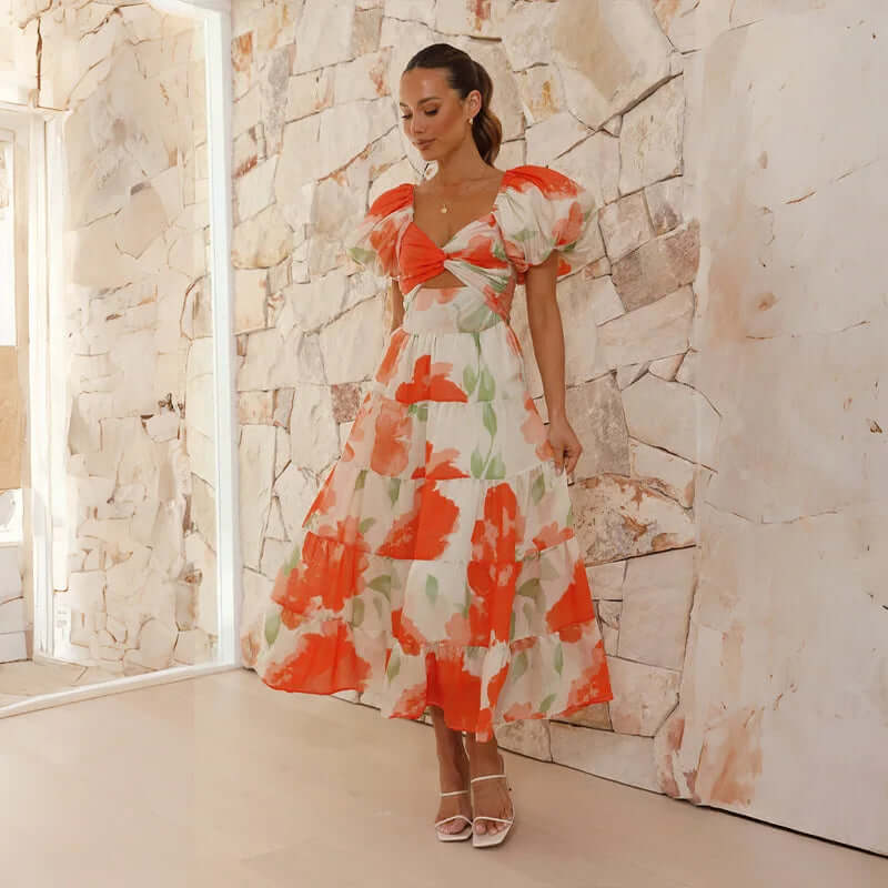 Maxi-jurk | Bloemenprint | Pofmouwen | Off-shoulder jurk | Maxi-zomerjurk-Boutique Moda