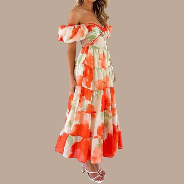 Maxi-jurk | Bloemenprint | Pofmouwen | Off-shoulder jurk | Maxi-zomerjurk-Boutique Moda