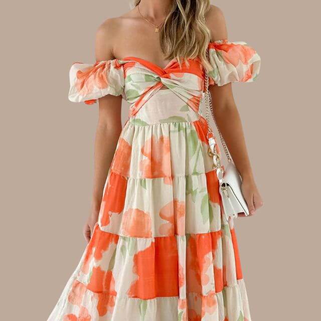 Maxi-jurk | Bloemenprint | Pofmouwen | Off-shoulder jurk | Maxi-zomerjurk-Boutique Moda