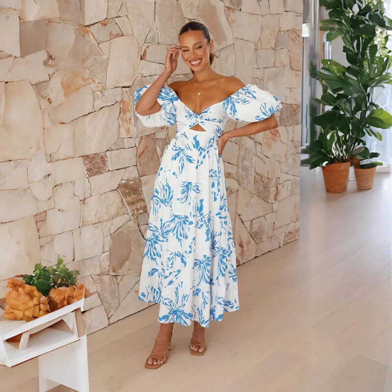 Maxi-jurk | Bloemenprint | Pofmouwen | Off-shoulder jurk | Maxi-zomerjurk-Boutique Moda