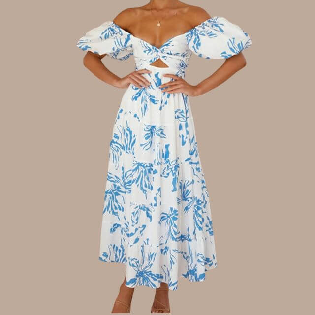 Maxi-jurk | Bloemenprint | Pofmouwen | Off-shoulder jurk | Maxi-zomerjurk-Boutique Moda