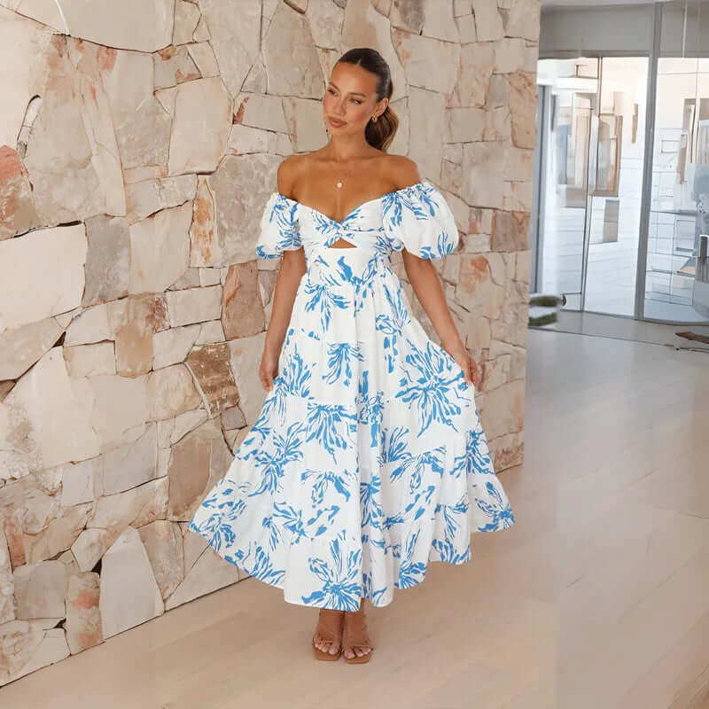 Maxi-jurk | Bloemenprint | Pofmouwen | Off-shoulder jurk | Maxi-zomerjurk-Boutique Moda