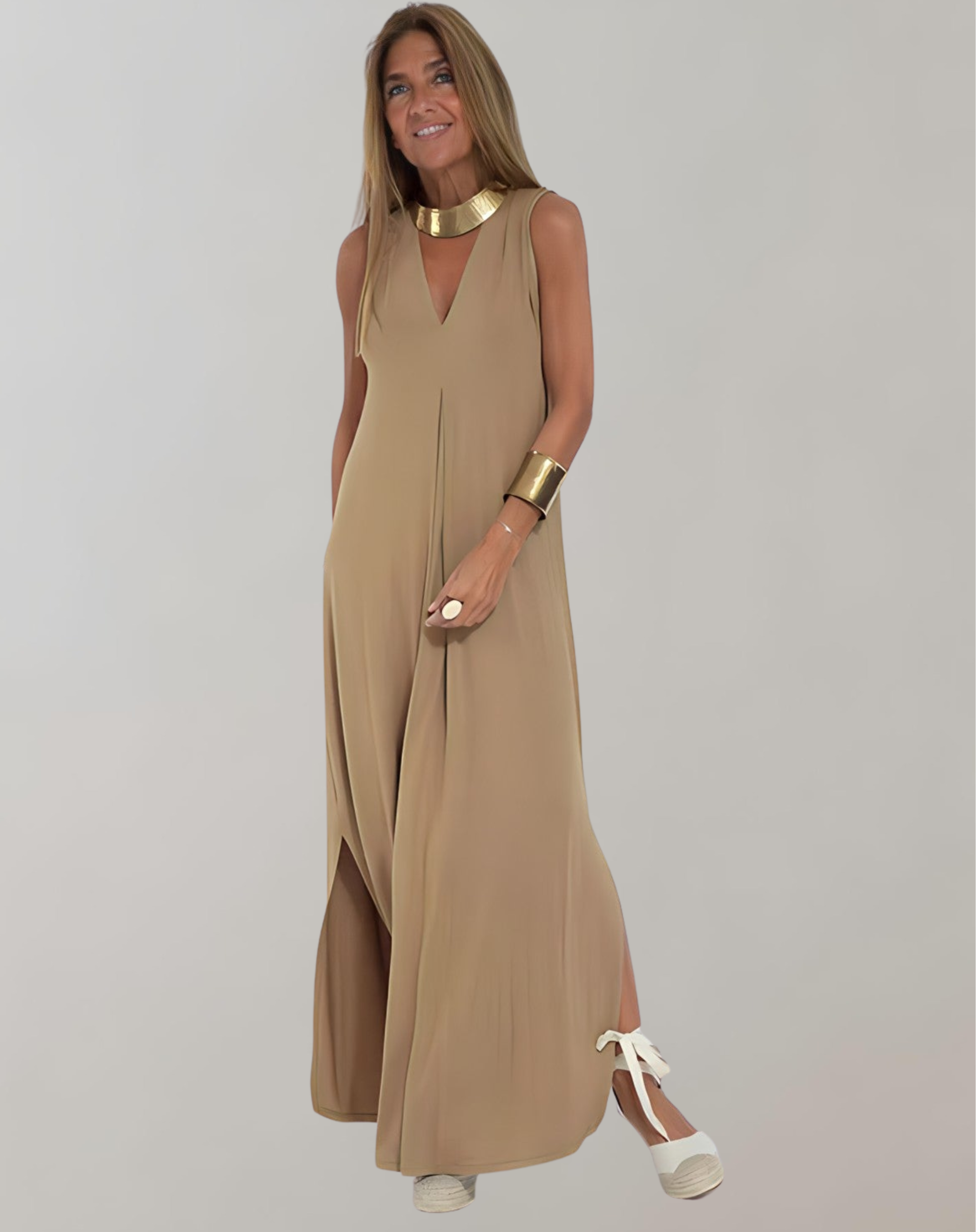 Maxi-jurk - Dames mouwloze losvallende zomerjurk met V-hals-Boutique Moda