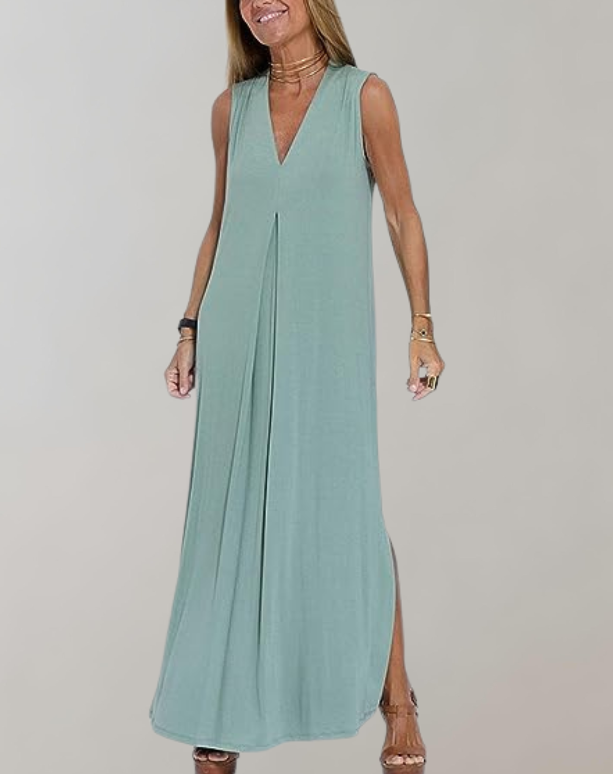 Maxi-jurk - Dames mouwloze losvallende zomerjurk met V-hals-Boutique Moda