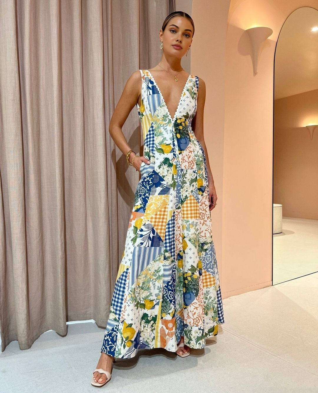 Maxi-jurk | Mouwloos | Patchwork | V-hals | Zomerjurk-Boutique Moda
