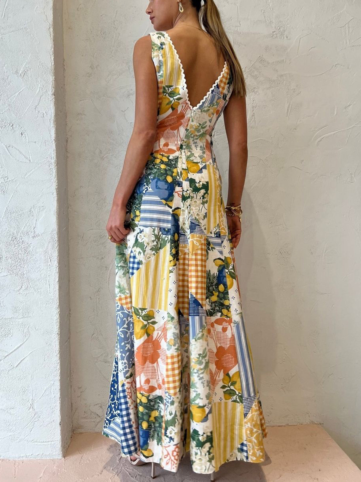 Maxi-jurk | Mouwloos | Patchwork | V-hals | Zomerjurk-Boutique Moda
