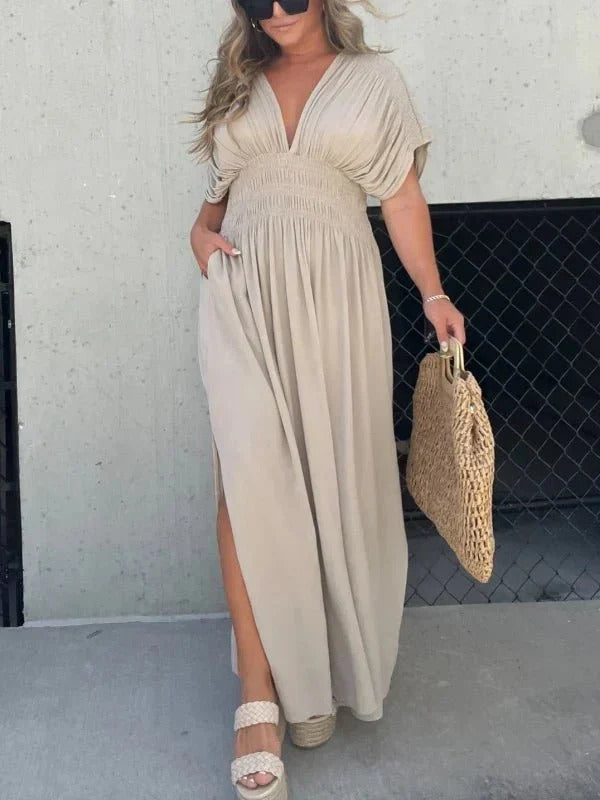 Maxi jurk - V-hals - Gerimpelde taille - Zomerjurk - Maxizonnejurk-Boutique Moda