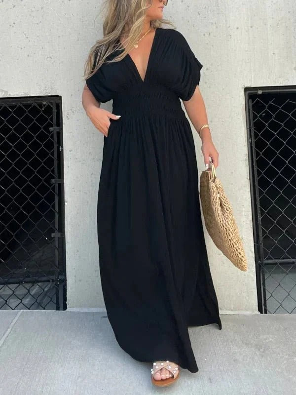 Maxi jurk - V-hals - Gerimpelde taille - Zomerjurk - Maxizonnejurk-Boutique Moda