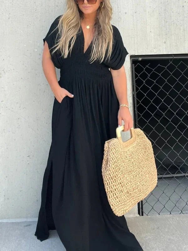 Maxi jurk - V-hals - Gerimpelde taille - Zomerjurk - Maxizonnejurk-Boutique Moda