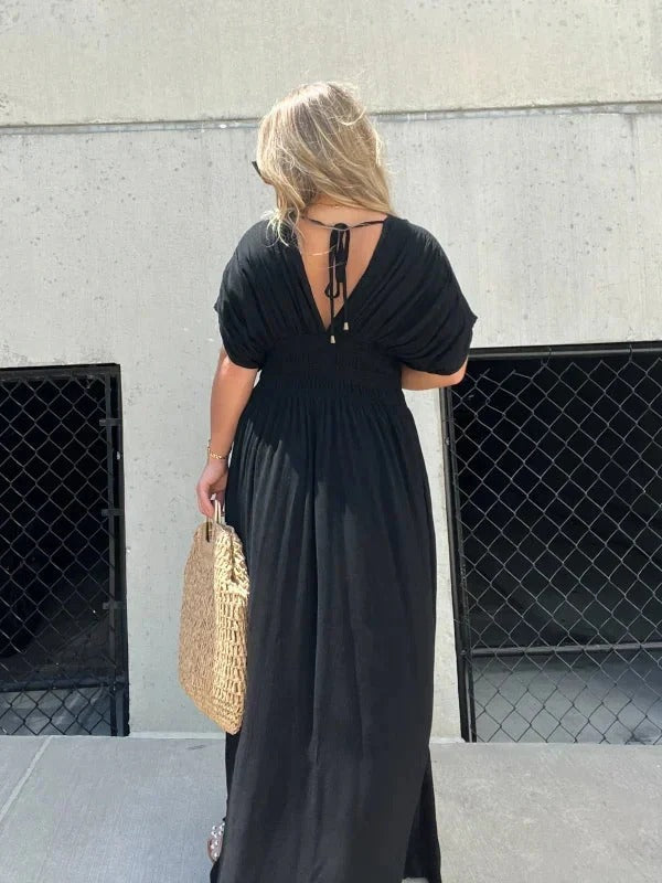 Maxi jurk - V-hals - Gerimpelde taille - Zomerjurk - Maxizonnejurk-Boutique Moda