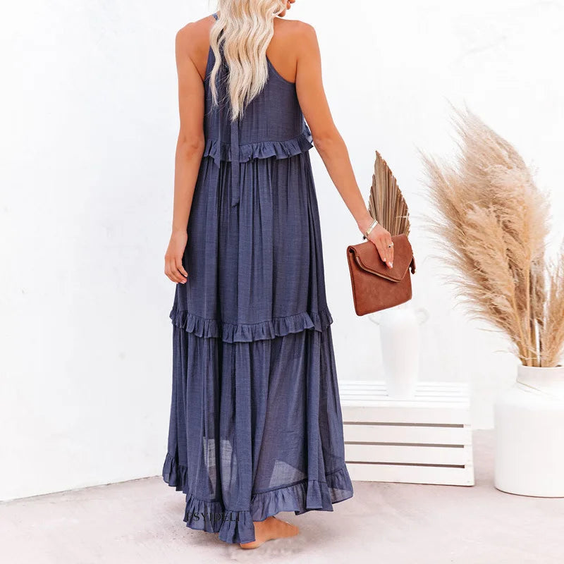 Maxi jurk met ruches | Halterhals | Mouwloos | Soepelvallende Jurk | Maxi Zondress-Boutique Moda