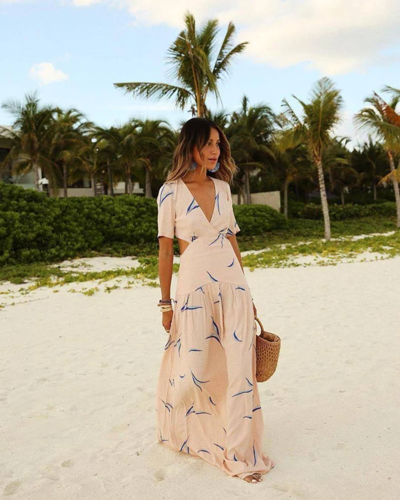 Maxi zomer - beige V-hals zomerjurk-Boutique Moda