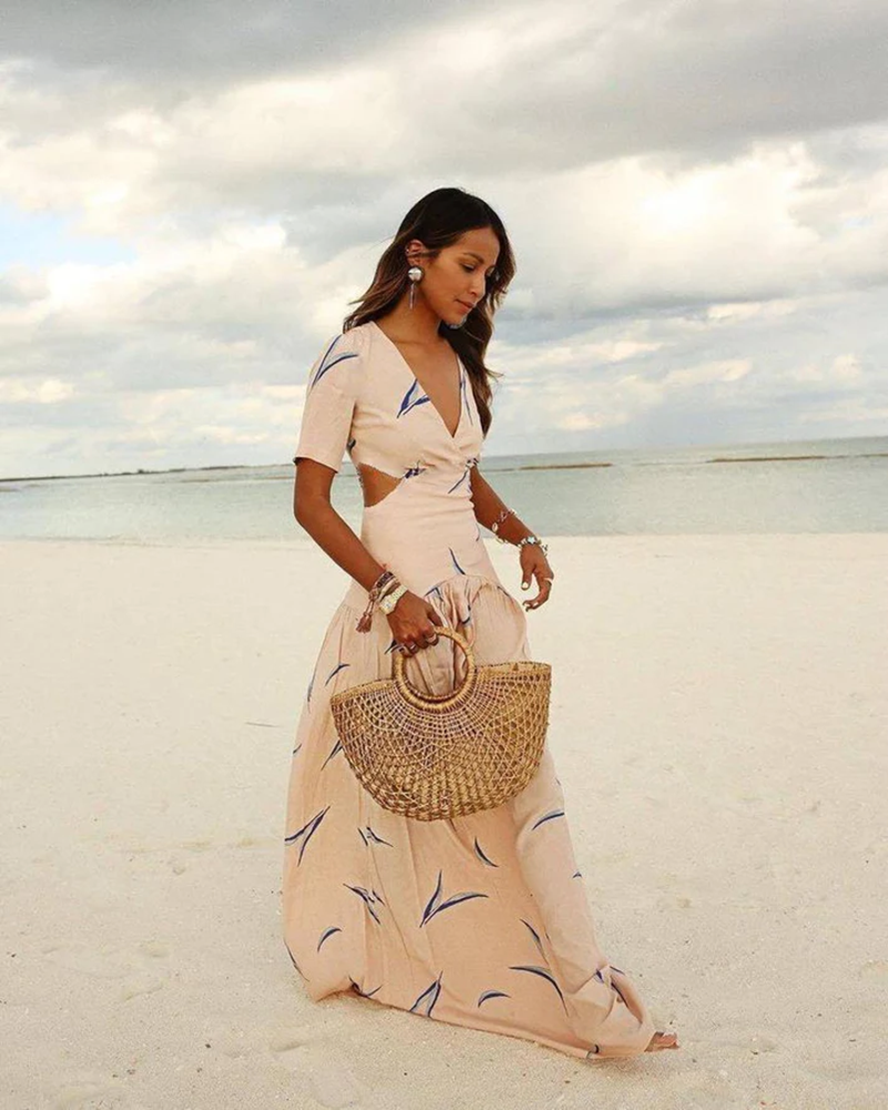 Maxi zomer - beige V-hals zomerjurk-Boutique Moda