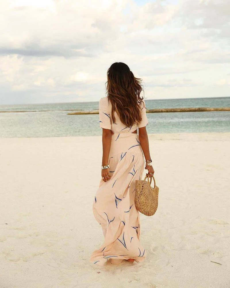 Maxi zomer - beige V-hals zomerjurk-Boutique Moda