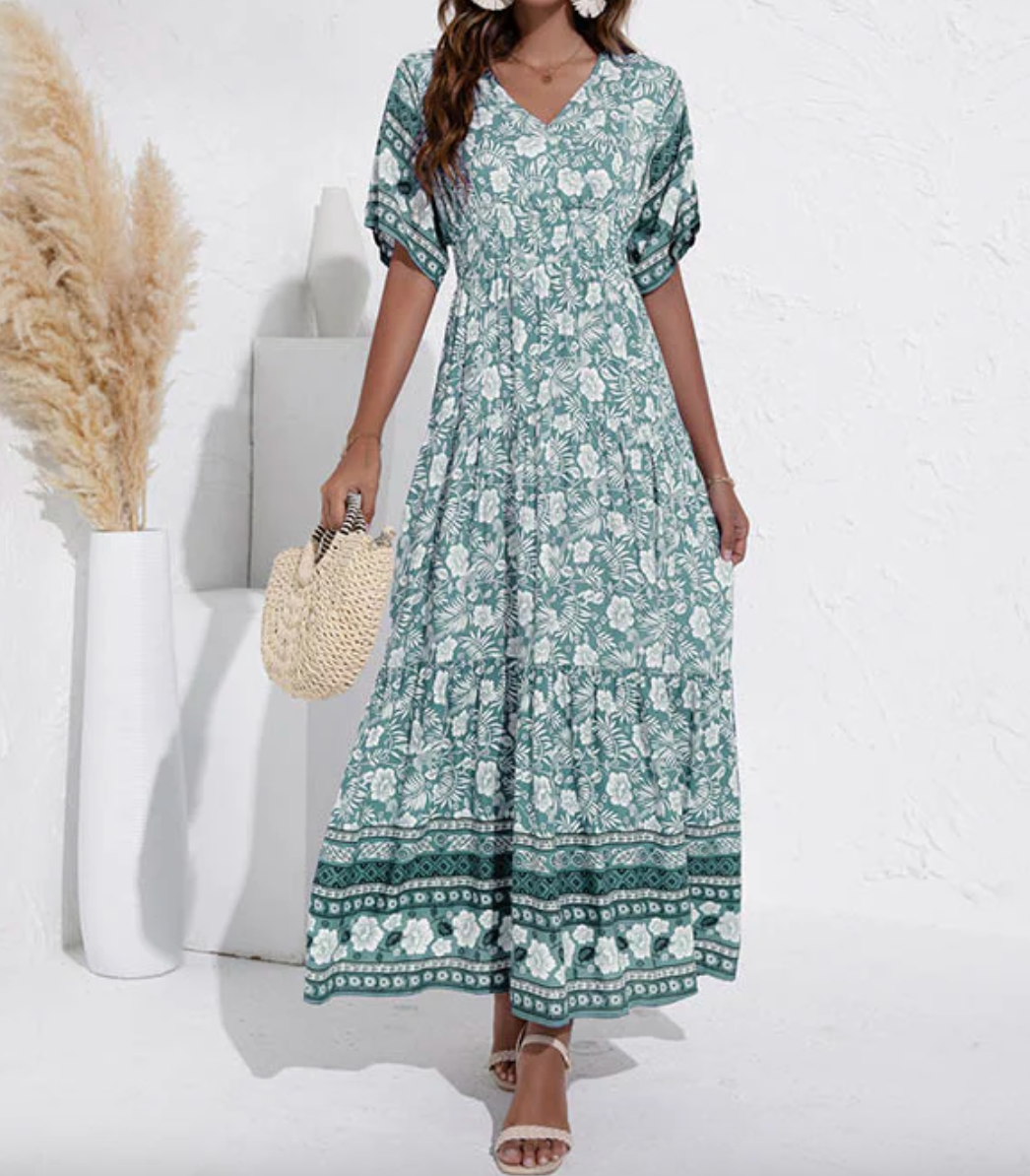 Maxi-zomerjurk - Boho-zomerjurk met korte mouwen en bloemenprint voor dames-Boutique Moda