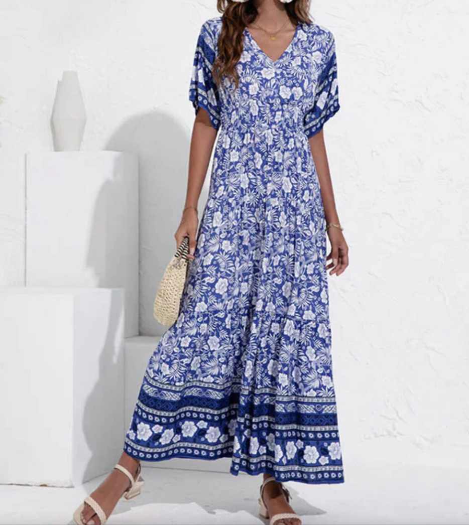 Maxi-zomerjurk - Boho-zomerjurk met korte mouwen en bloemenprint voor dames-Boutique Moda