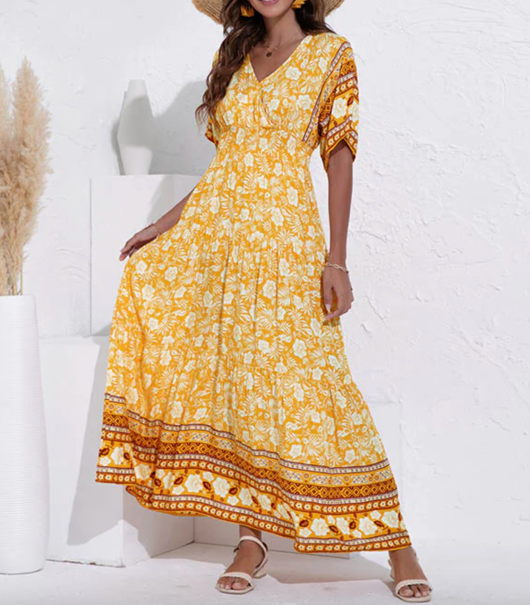Maxi-zomerjurk - Boho-zomerjurk met korte mouwen en bloemenprint voor dames-Boutique Moda
