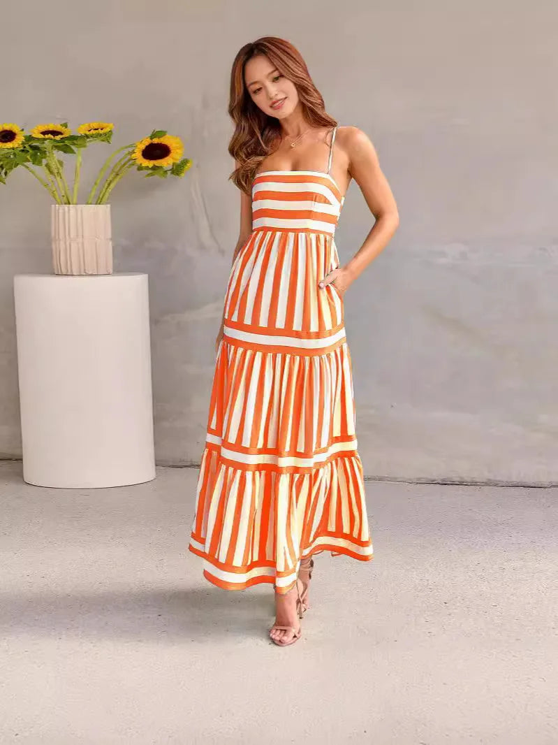 Maxijurk | Spaghettibandjes | Soepel vallend | Gestreepte jurk | Zomerjurk-Boutique Moda